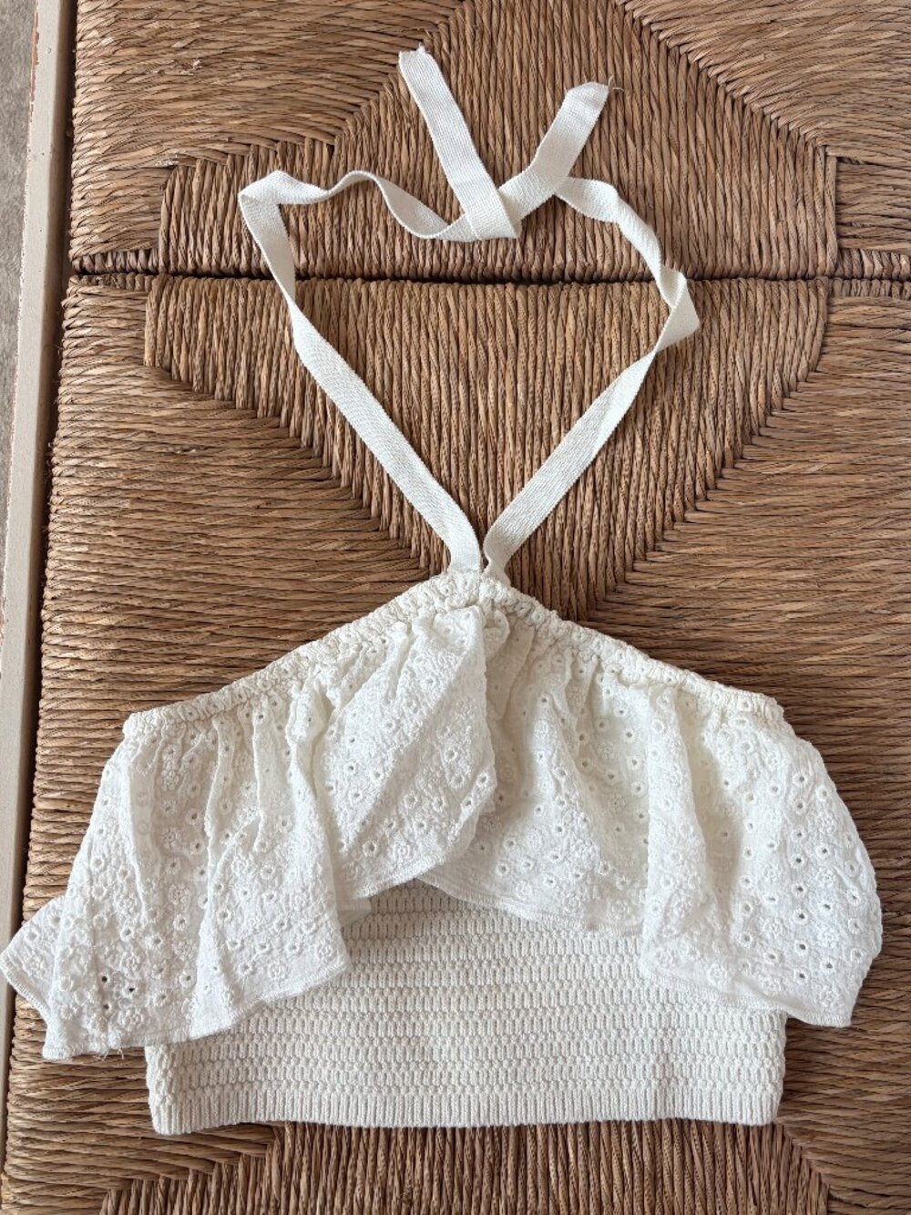 ZARA White Eyelet Crochet Halter Top | Size XS